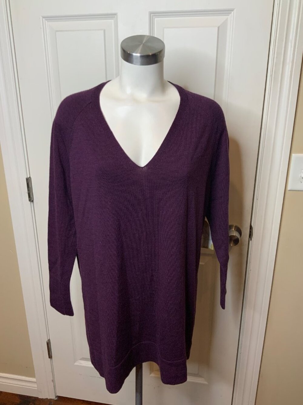 Eileen Fisher Purple Merino Wool V-Neck Sweater, Size S